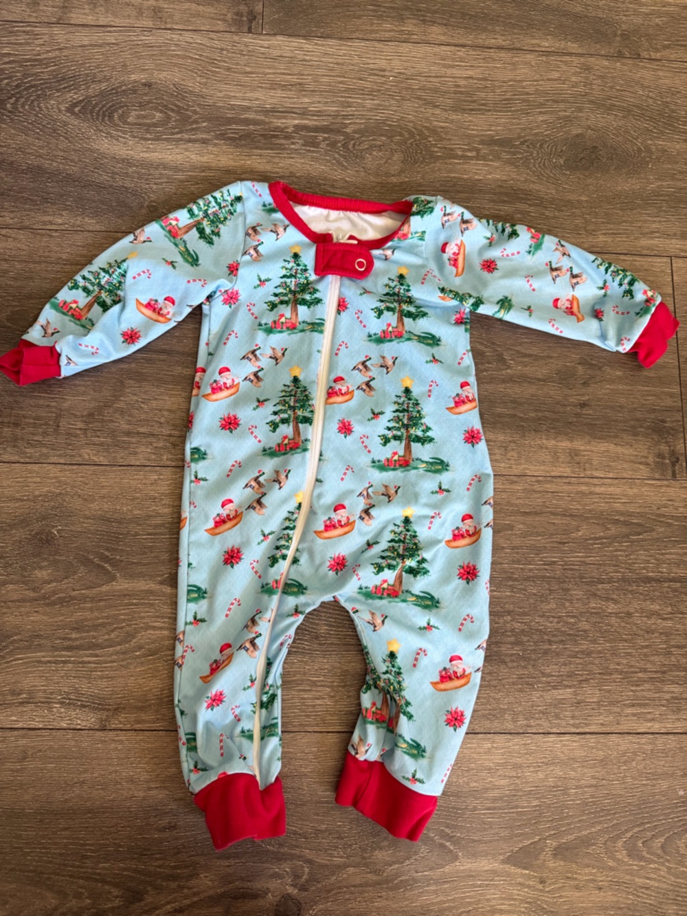 Sz 0-3m Blue Holiday Baby Footed Zipper Pajamas with Red Trim